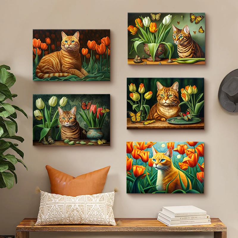 

30*20CM Cat With Watercolor Effect, Modern Minimalist Frameless Tempered Glass Art, Bedroom, Living Room, Sofa, Wall Decoration