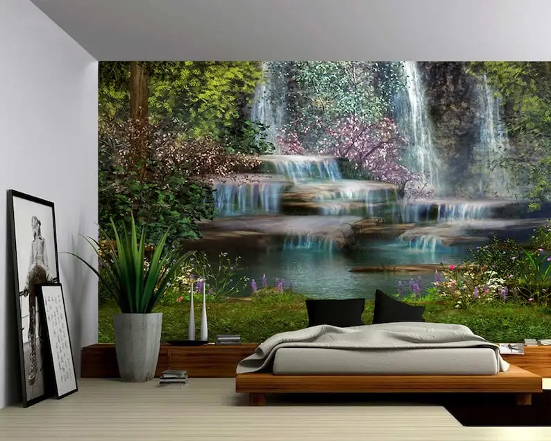 

Enchanted Waterfall Fantasy Forest - Large Wall Mural, Self-adhesive Vinyl Wallpaper, Peel & Stick fabric wall decal