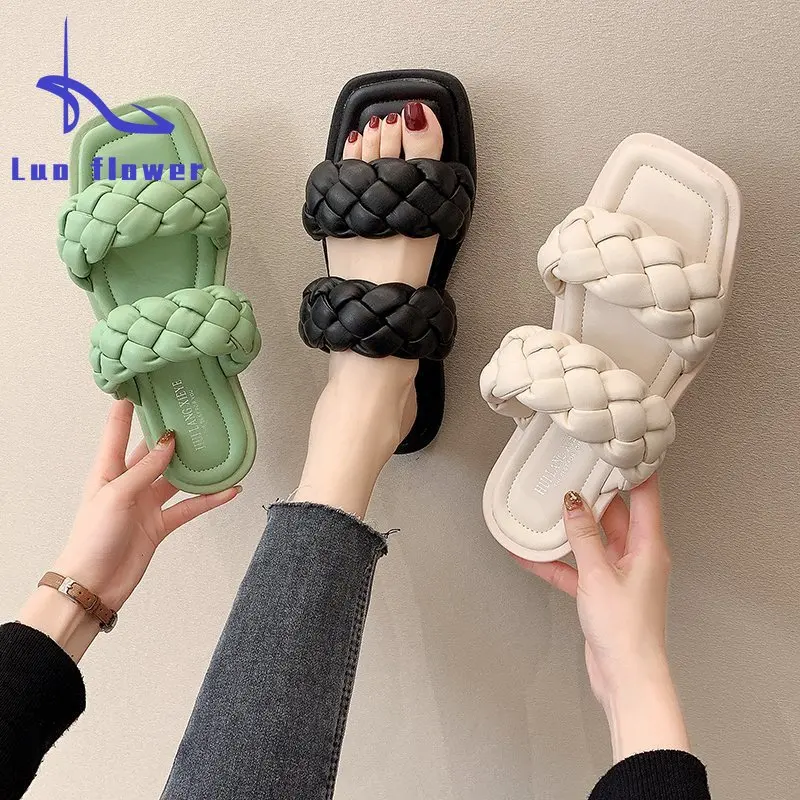

Flat Sandals 2022 Summer Women Flat Shoes Outside Woman Slides Shoes High Quality Fashion Double Weave Beach Summer Slippers