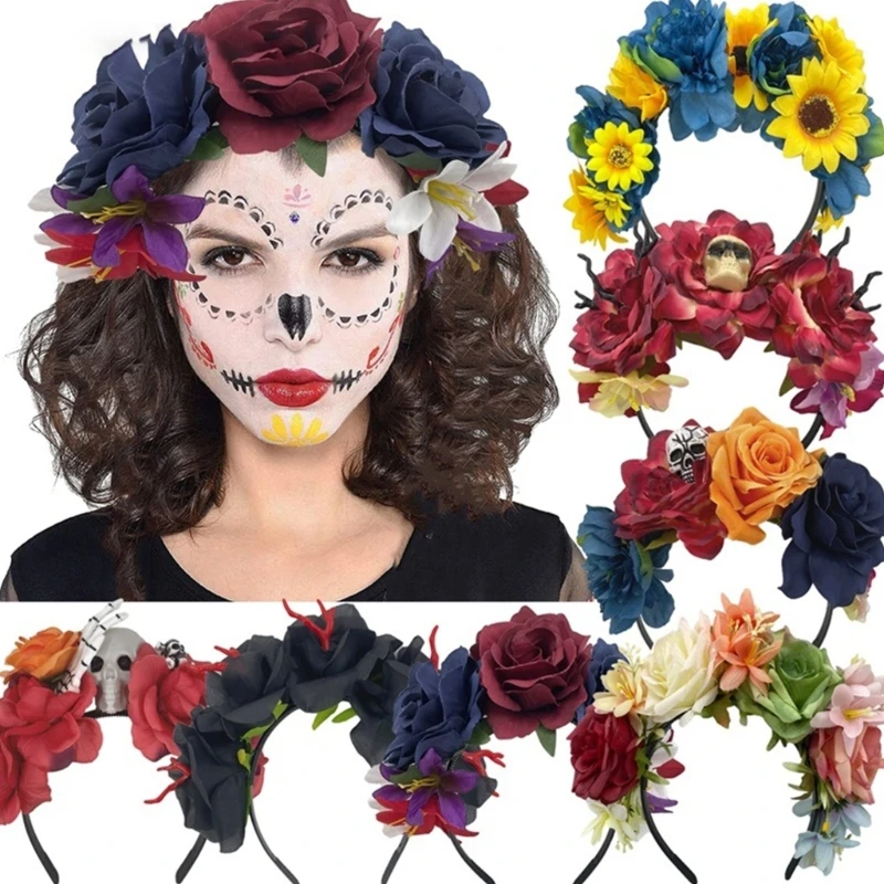 Ful Simulated Flower Skull Hairband Female Gothic Carnival Holiday Party Hair Hoop Photo Props