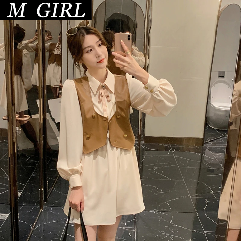 M GIRLS Matching Sets  Vintage Solid Pol Bow Shirts Dress Women Mini+Short Double Breasted Vest Tops Japan Style Autumn 2021