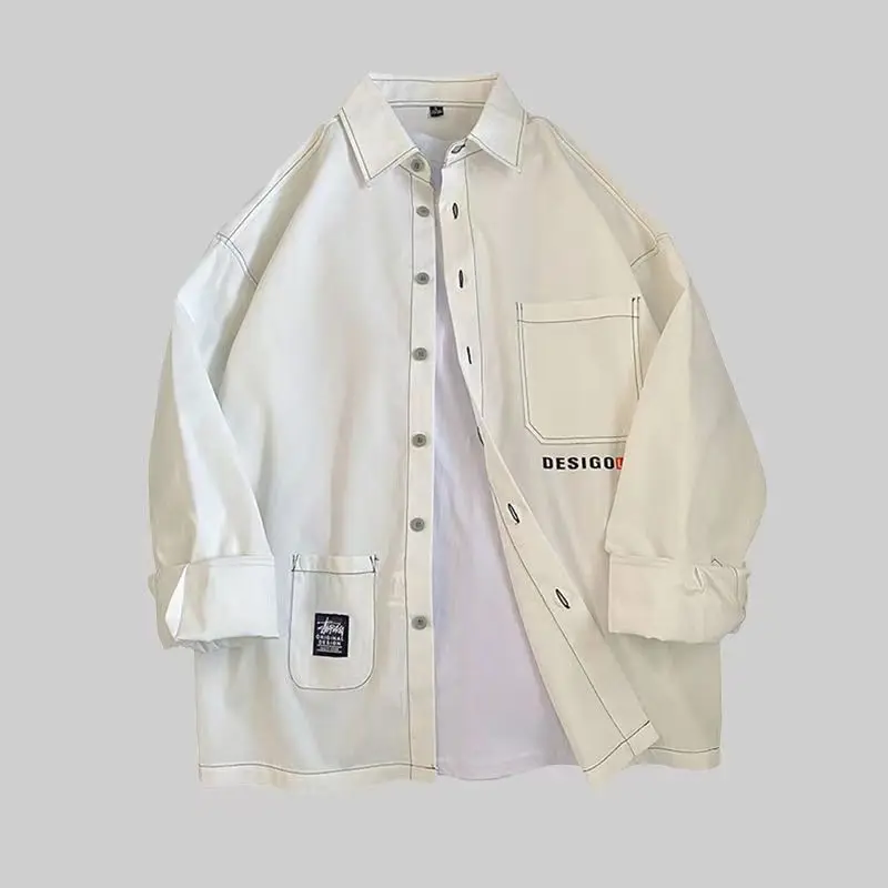 Men's Shirts Workwear Style Long Sleeve Lapel Casual Shirts Pockets Decorative Loose Male Clothing