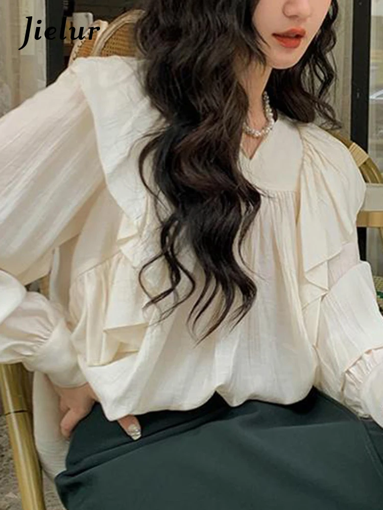 Jielur летний белый рукав фонаря женщины блузки французский стиль Ruffles Solid Color