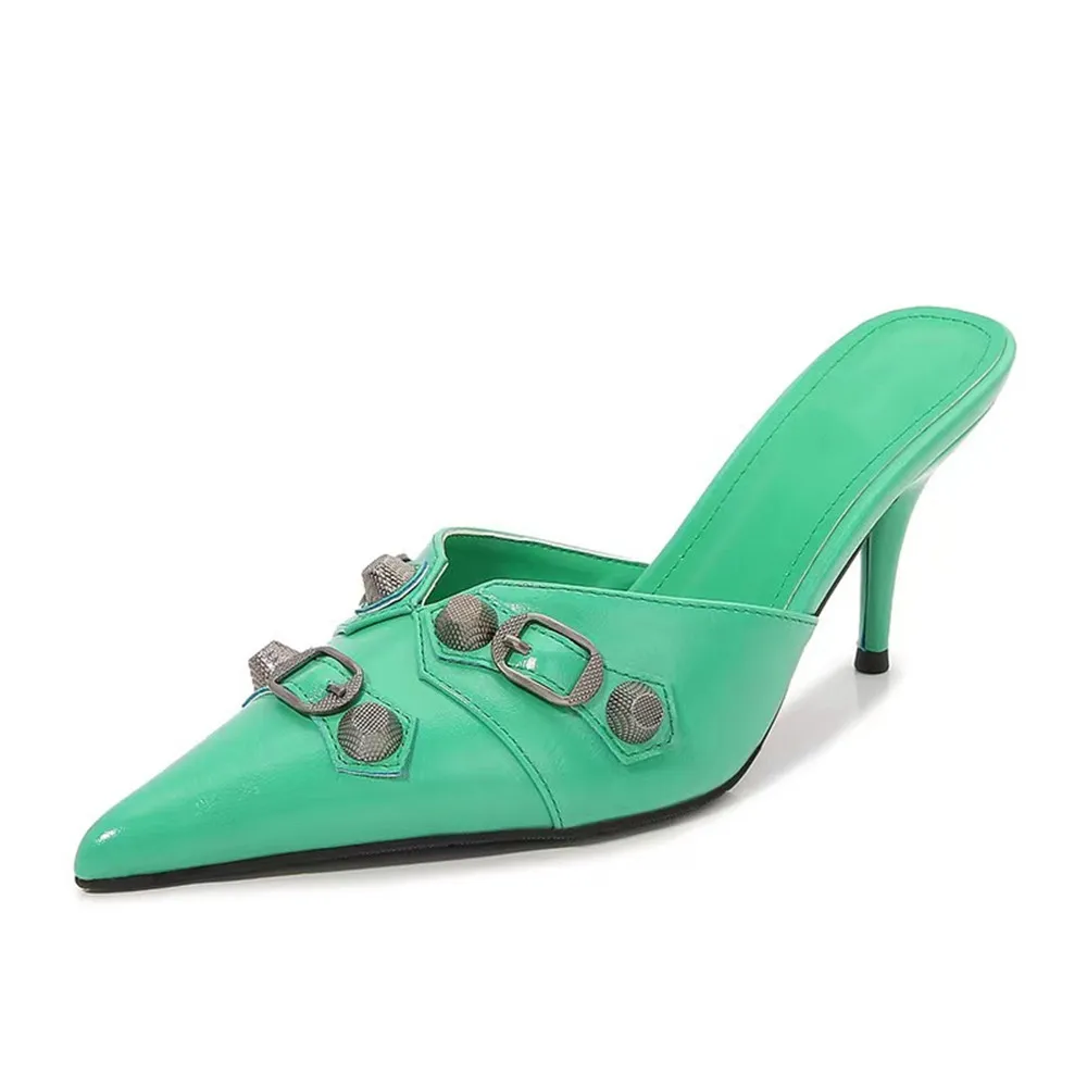 Women's Metal Decoration Rivet Pointed Toe Slippers Stiletto Walking Show Shoes Sandals Baotou Fashion Sexy Wedding Party Pumps