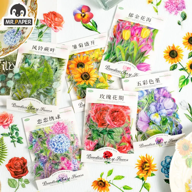 

Mr. Paper 100Pcs/Pack PET Waterproof Stickers Handbook DIY College Material Decoration Beautiful Floral Theme Sticker Stationery