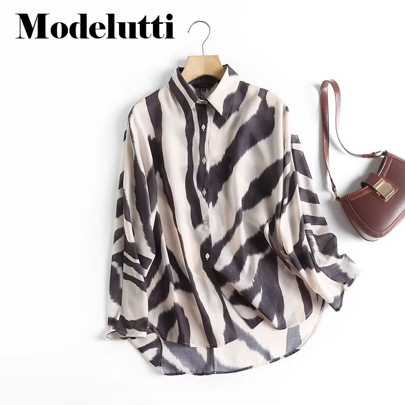

Modelutti 2023 New Summer Fashion Lapel Long Sleeve Cotton Linen Zebra Printed Shirt Woman Loose Blouses Casual Tops Female