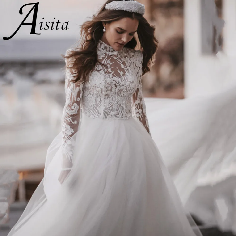 

Elegant Lace Long Sleeve Wedding Dress A-line Romantic Floor-Length Bridal Gown Long Sleeve Bride Robe