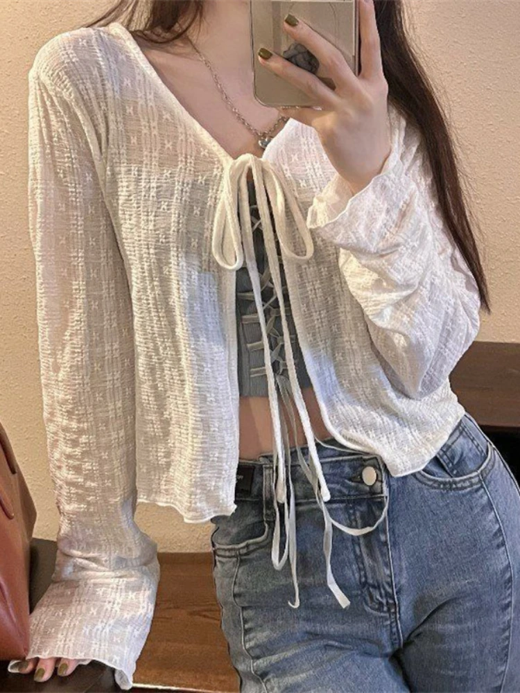 

Woman T-shirt Summer Thin Bow Solid Color Short Thin Womens Cardigan Korean Fashion Casual Sun Protection 2023 Top Women