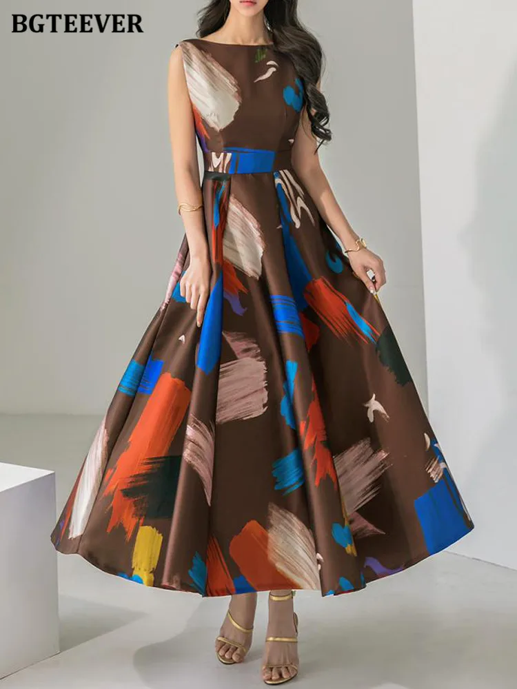 

Платье BGTEEVER женское ТРАПЕЦИЕВИДНОЕ, элегантное вечернее с винтажным принтом, без рукавов, с круглым вырезом, тонкая талия, лето