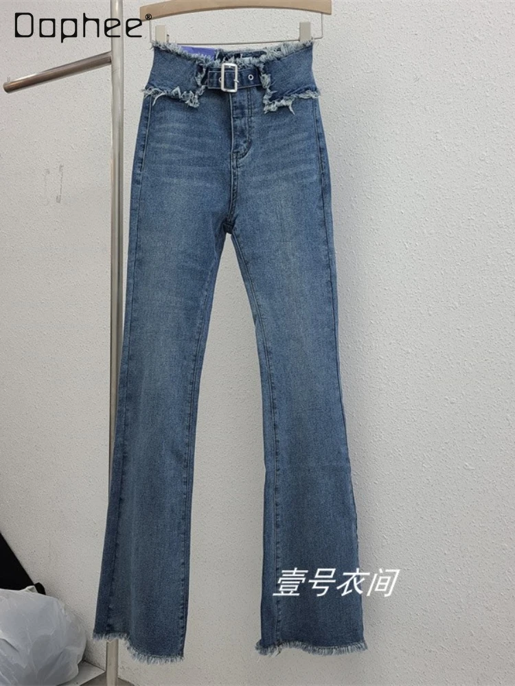 

Vintage High Waist Raw Hem Slightly Flared Jeans Women's 2022 Summer New Slimming Stretch Hip Lift Bootcut Trousers Femme