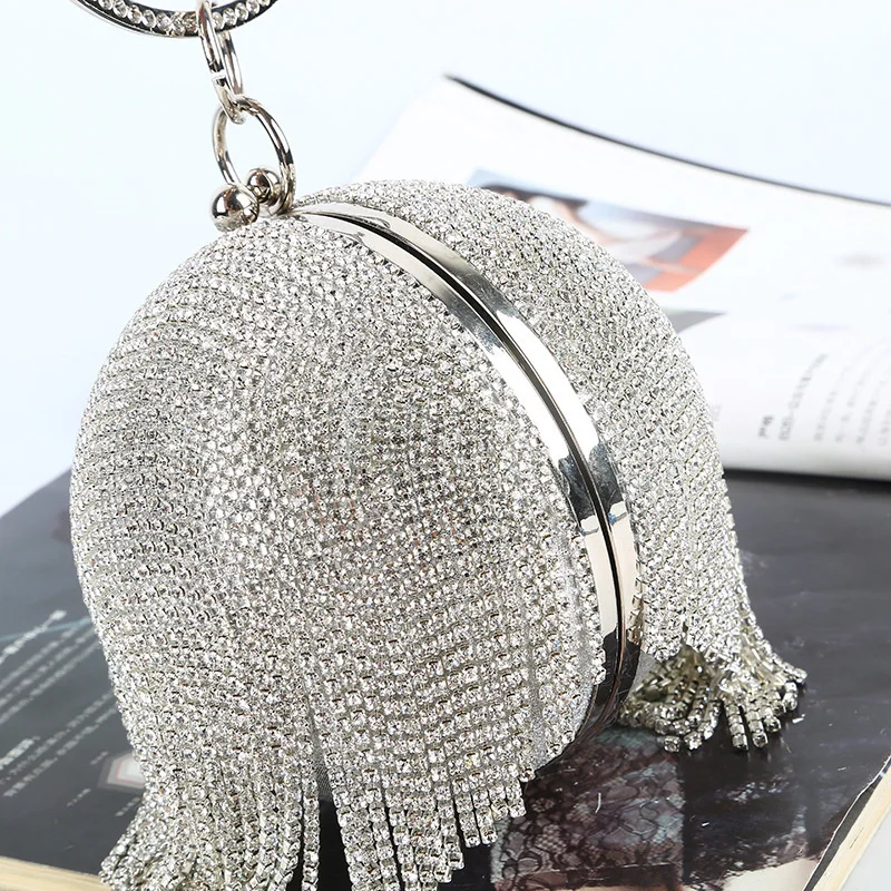 

2023 Sliver Diamonds Rhinestone Round Ball Bags For Women Fashion Small Tassels Clutch Bag Ladies Ring Handbag Evening Clutches