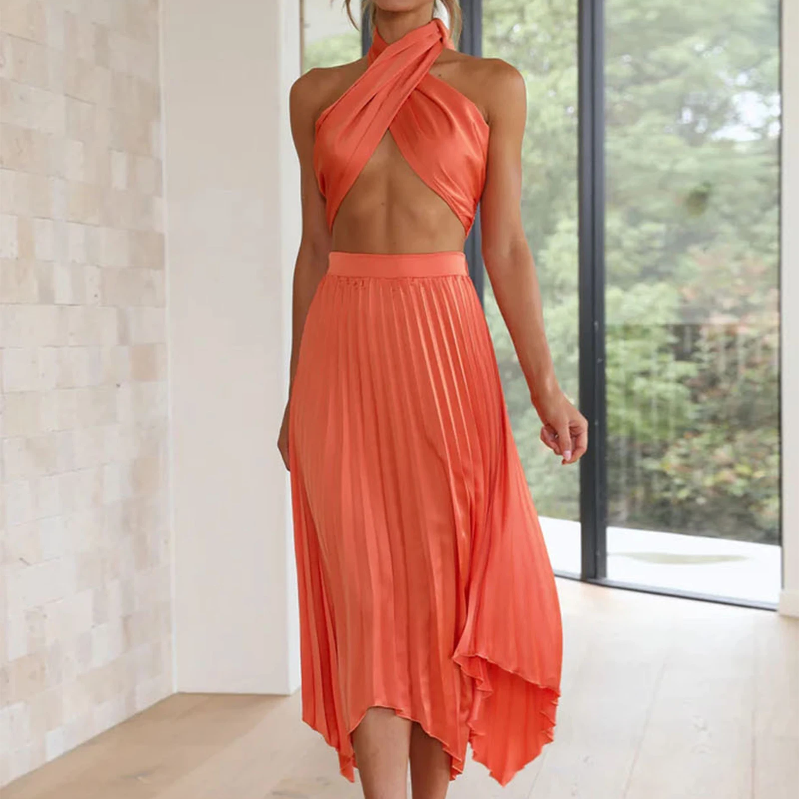 Women Sleeveless Tops+Skirts Chest Bandage Summer Sexy Skirt Set Pleated Solid Color Ruched Backless Fashion Beach Vacation 1
