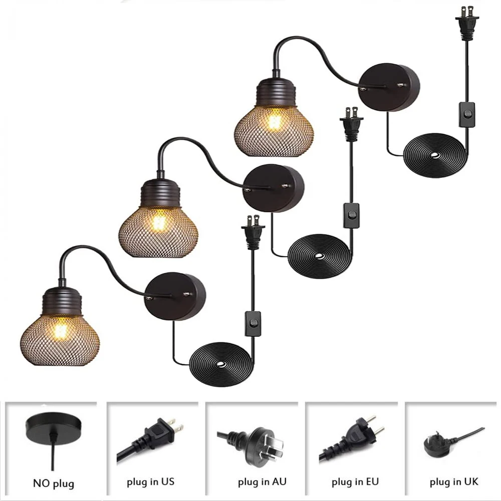 

3 Pack Rustic Black Metal Wire Cage Wall Lamp Edison Style Wall Light Fixture Vintage Gooseneck Plug In Wall Sconce for Bedroom