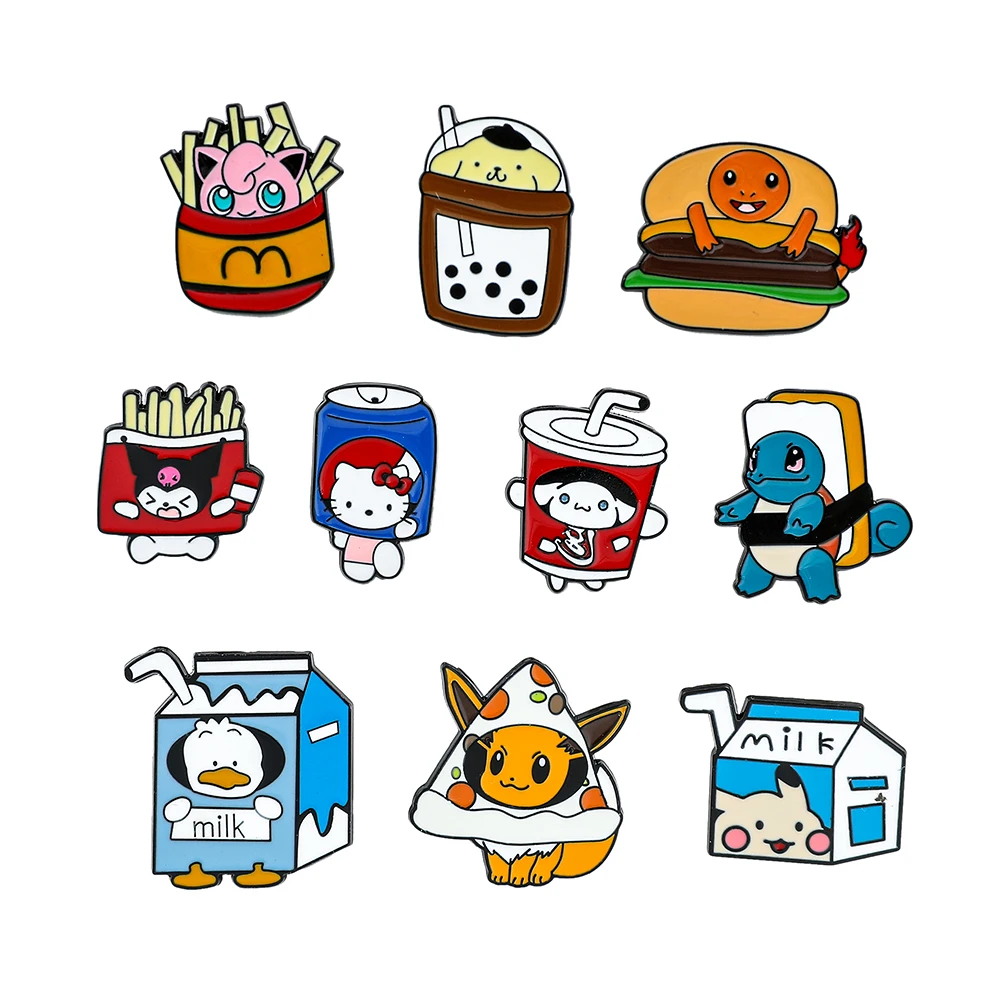 

Sanrio Cola Hello Kitty картофель фри Kuromi эмалевая булавка Покемон сэндвич Пикачу гамбургер чармандер металлические фотообои подарки