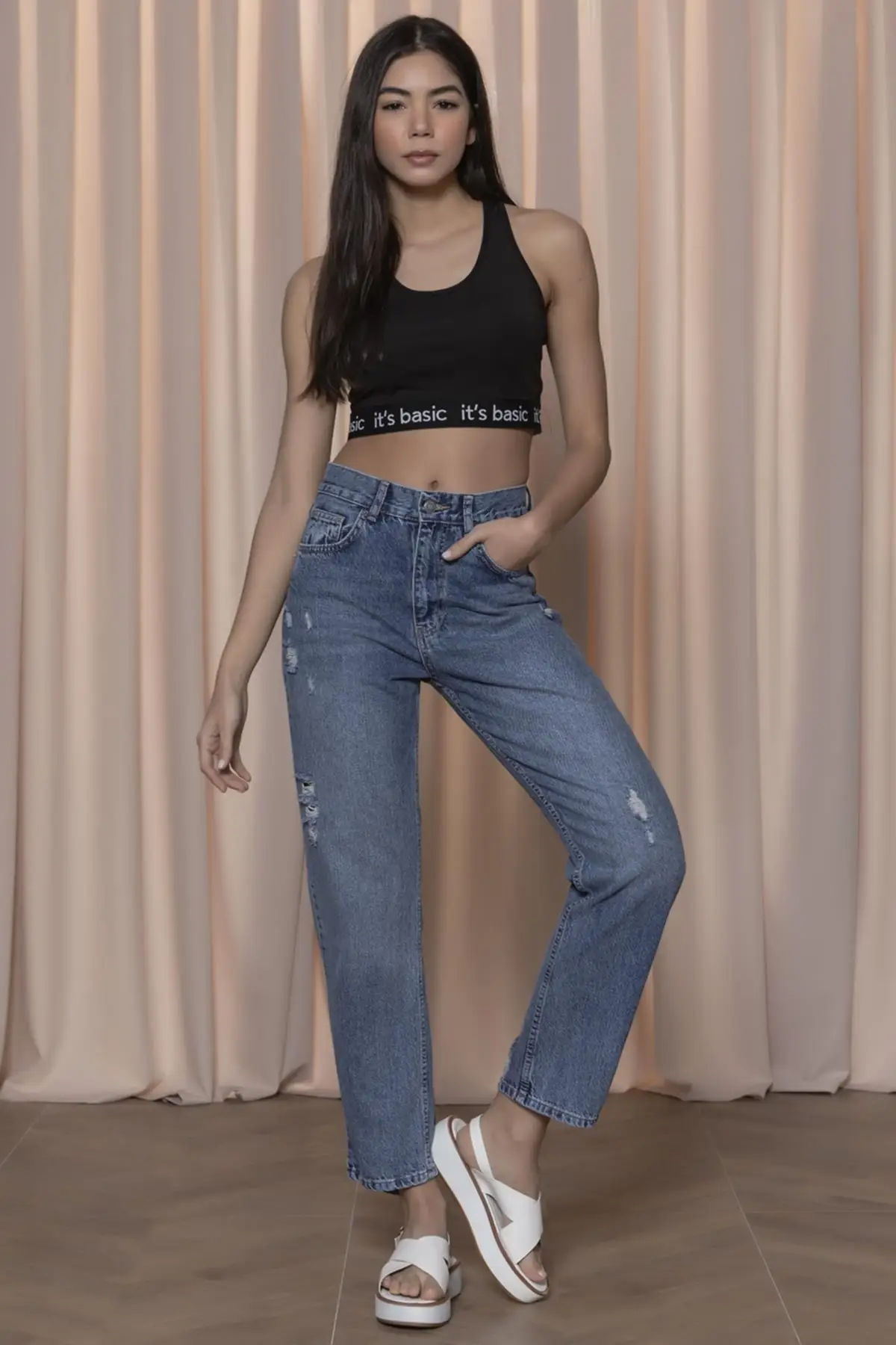 

Women's Jean Snow Denim Color Laser Detailed Relax Fit Straight Pant Jeans Buttons Zipper Ladies