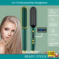 2 in 1 professional hair straightener electric straightening brush lcd display temperature control hair straighteners hot comb