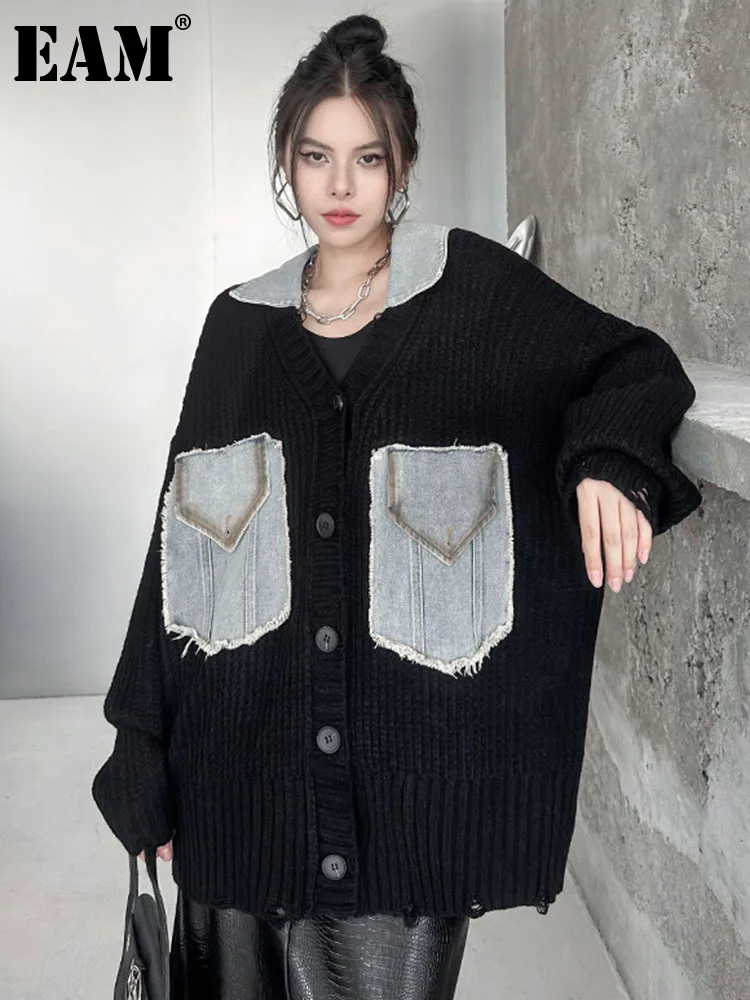 

[EAM] Denim Big Size Casual Knitting Cardigan Sweater Lapel Long Sleeve Women New Fashion Tide Spring Autumn 2023 1DH1853
