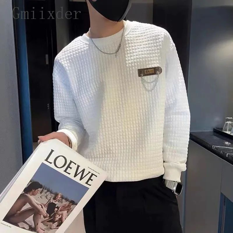 

Korean Waffle Shirt Men's Hatless Long Sleeve Underlay Sweatshirt Autumn/Winter O-Neck Slim Fit Handsome Pullover