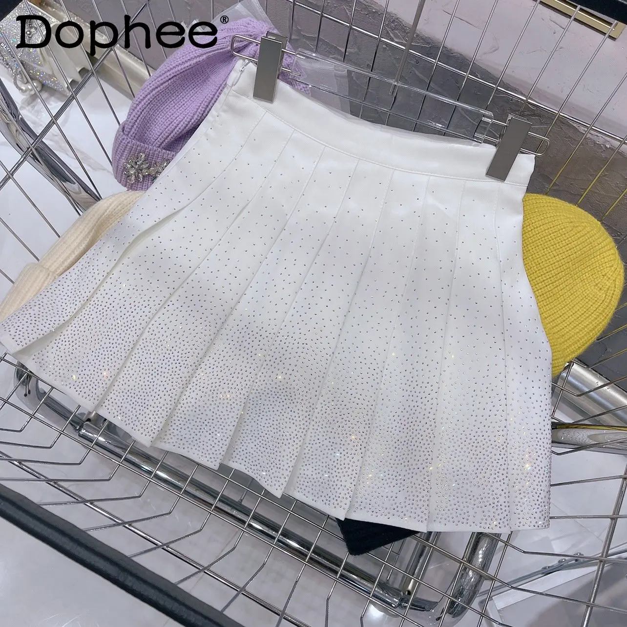 

Женская плиссированная юбка со стразами, белая универсальная мини-юбка с высокой талией, в студенческом стиле, весна-осень