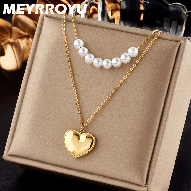 

MEYRROYU 316L Stainless Steel New Imitate Pearl Heart Pendant Double Layer Necklace For Women Party Gift Bijoux Acier Inoxidable