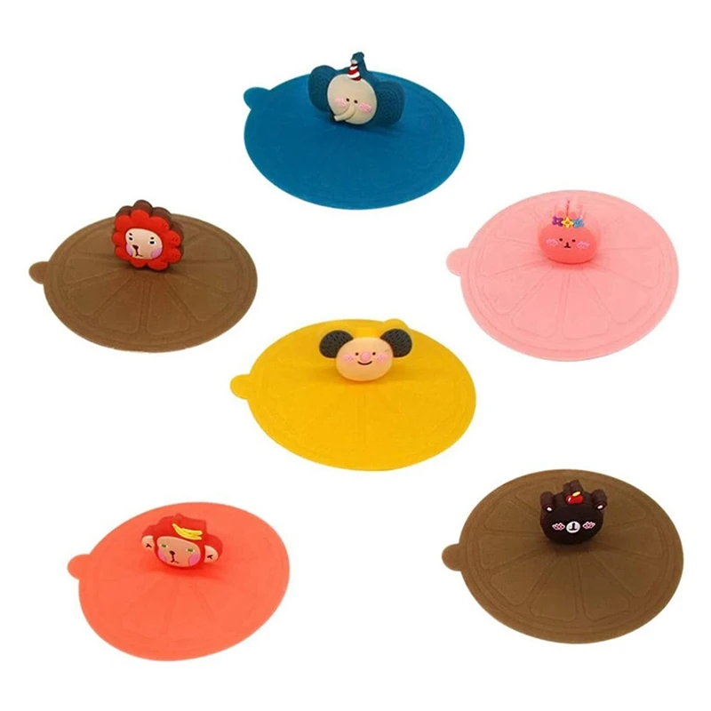 

Silicone Cup Lids Cartoon Glass Cup Cover Reusable Anti-Dust Cup Covers For Mugs Animal Shape Hot Drink Cup Lids 6Pcs