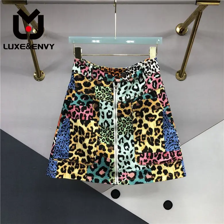

LUXE&ENVY Color Leopard Print Denim Skirt For 2023 Summer New Slimming Large Pocket Zipper A-line Buttock Wrap Short Skirt