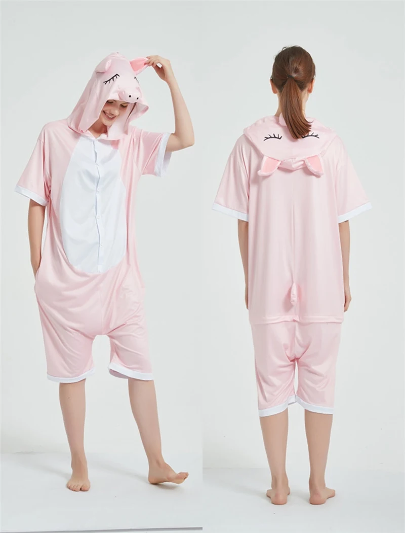 

Summer Adult Children Pajamas Sleepwear Onesies Costume Cute Funny Tail Short Sleeve Hooded Housecoat Animal Cartoon