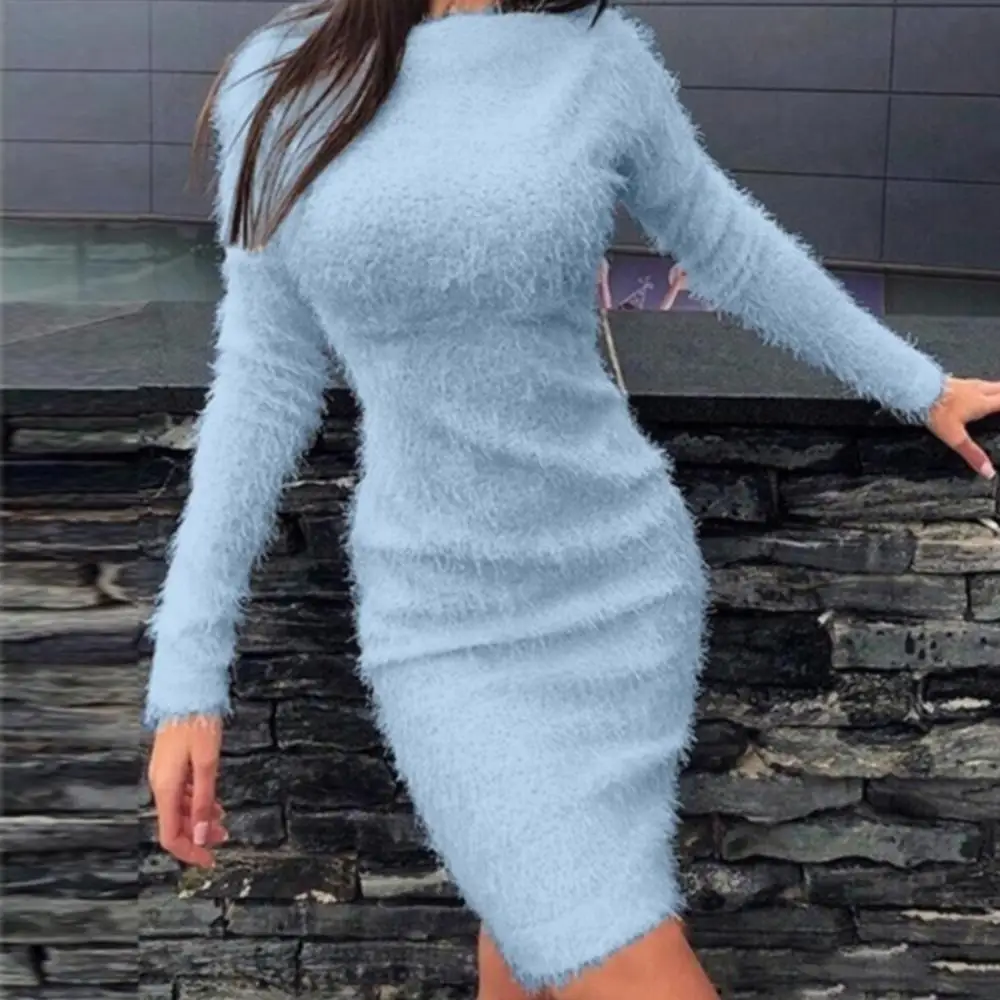 

Women Solid Color Bodycon Dress Long Sleeve Autumn Sweater Fluffy Kee-length Dress
