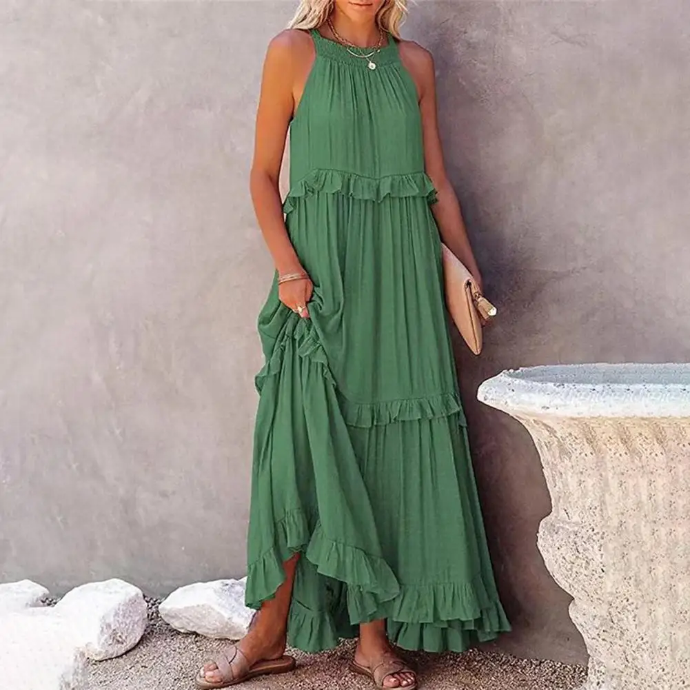 

Oversize Solid Long Dress Women Summer Female Casual Ruffle Pullover Beach Dresses Ladies Elegant Hollow Tie-Up Party Dress