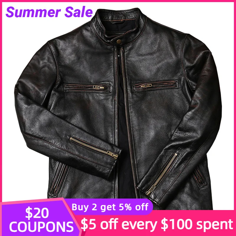 

Мужская винтажная кожаная куртка, черная мотоциклетная куртка из натуральной воловьей кожи с воротником-стойкой, пальто большого размера ...