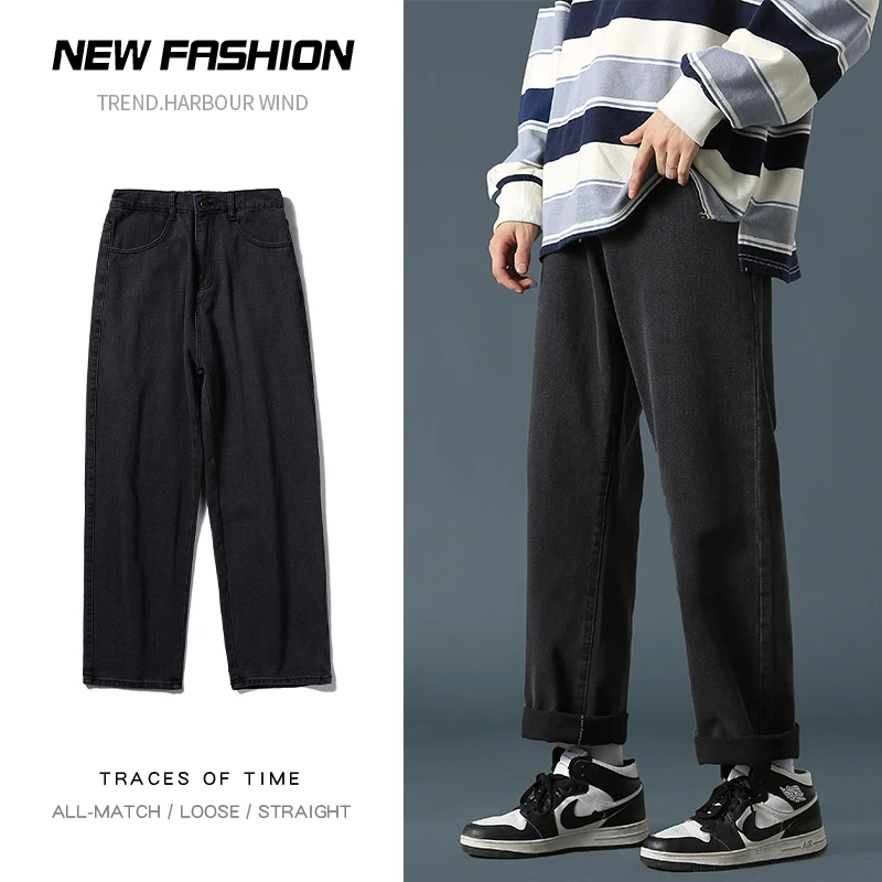 

2022 Men Pants Elastic Waist Streetwear Baggy Jeans Autumn Winter Outdoor Loose Straight Wide Leg Pants Casual Denim Pants