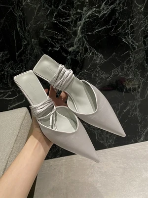 Pure Color Ribbon Winding Summer Shoes European and American Newest Style Thin High Heel Pointed Toe Fashion Show Woman Sandals