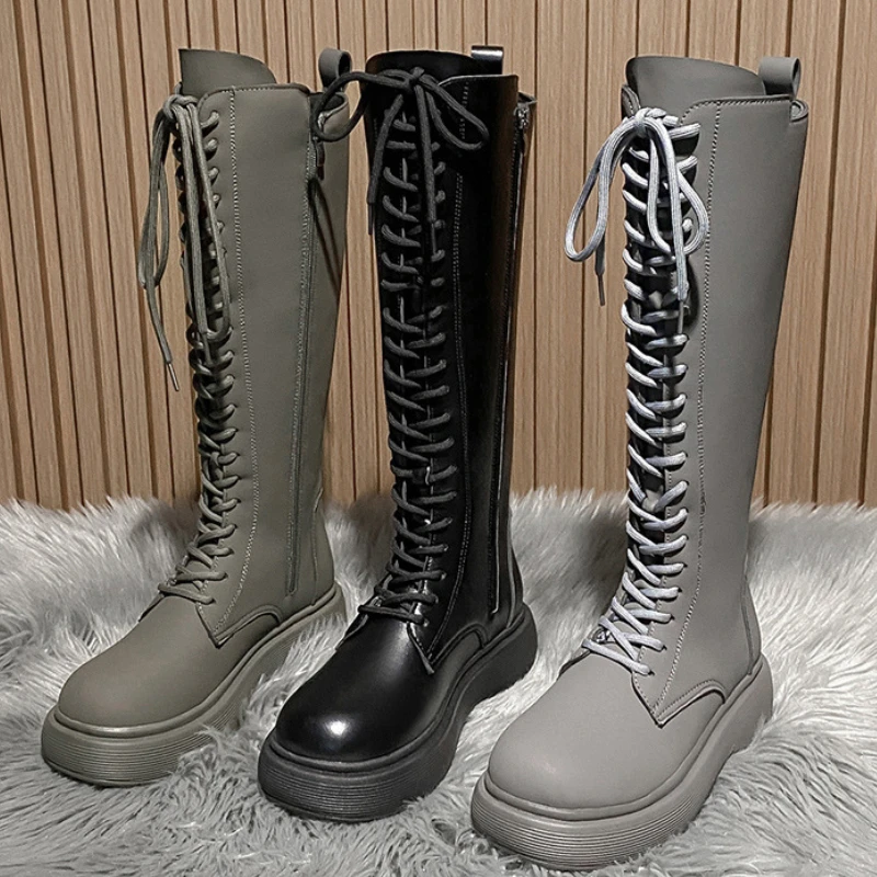 

Women Knight Boots Spring Round Head Lace Up Black Boots Autumn Korean Style Plus Size Platform Shoes Bota Cano Longo Feminina