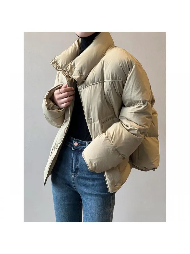 Black Thick Stand Collar Padded Short Parkas Jacket Women 2022 Winter New Zippers Loose Warm Bread Clothing Coats