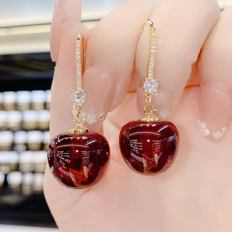 

Korean Fashion Red Cherry Ear Hook Female Luxury Trending Earrings Thickened Genuine Gold Electroplating Copper Alloy Eardrop