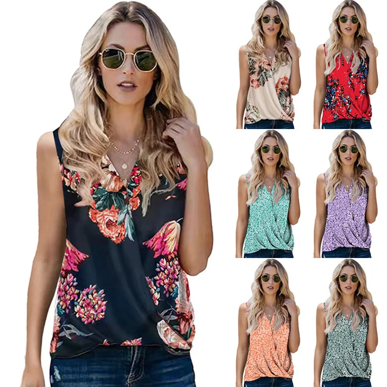 

2022 Summer New European and American Women's Vest Amazon V-neck Printed Pleated Sleeveless Top Women