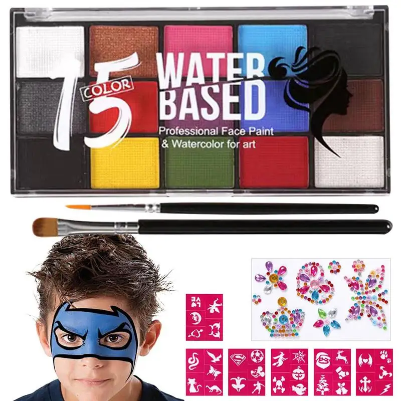

Sdotter Face Paint Palette Water Soluble Face Paint Kit 15 Colors Face Painting Kit With Stencils For Kids Party Christmas And C