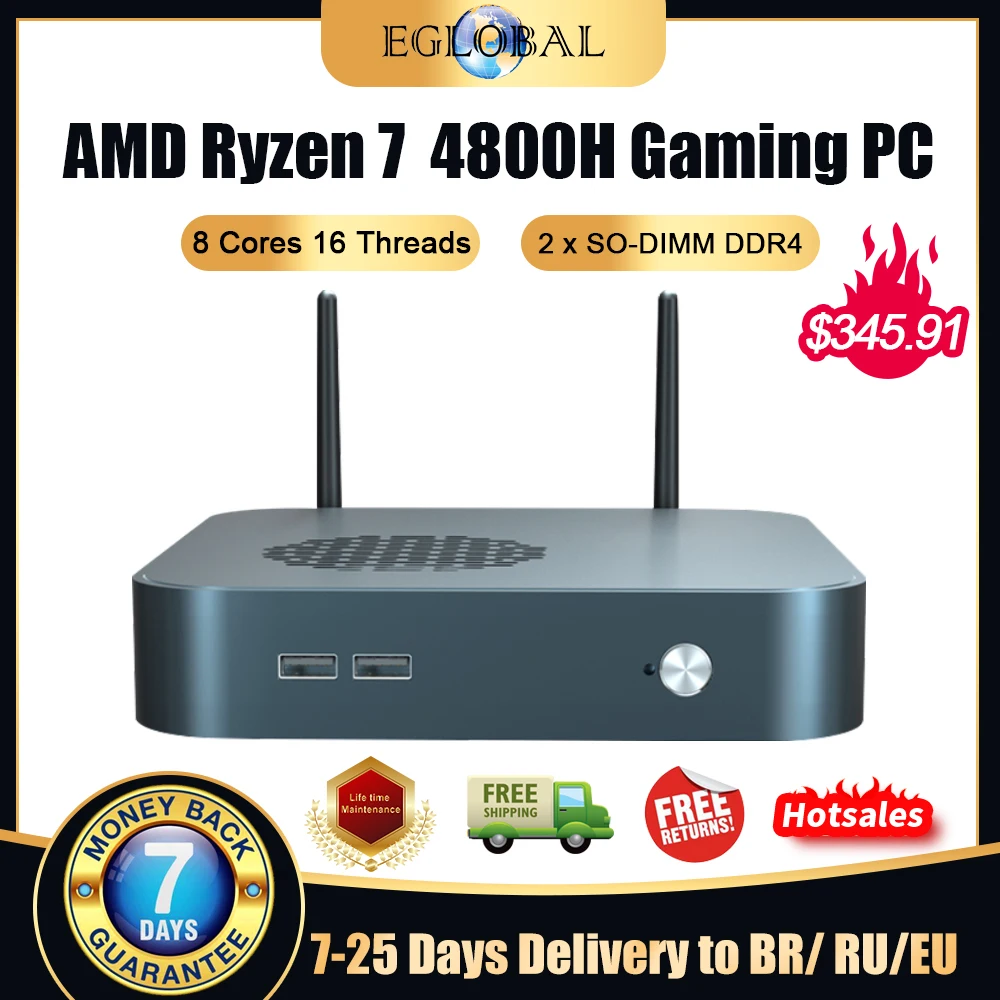 Eglobal AMD Вентилятор компьютер Ryzen 7 4800H Radeon 8 графика Windows 11 игры мини ПК HDMI2.0 DP Тип C Дисплей AX200 WIFI HTPC