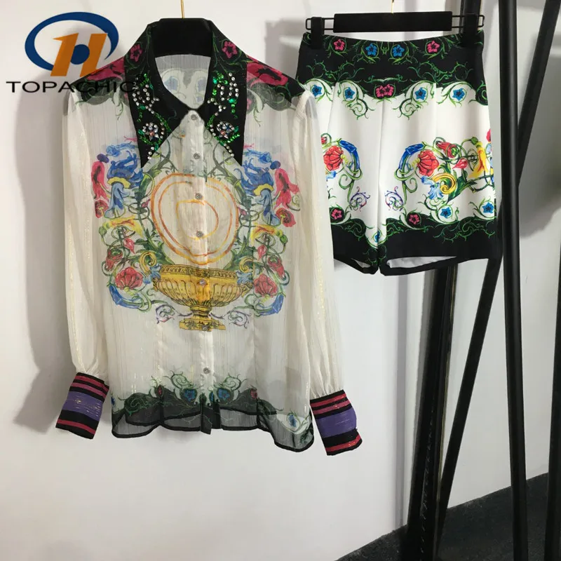 

4.5 High Quality Heavy Industry Beading Diamonds Print Lapel Single Breasted Shirt + High Waist Shorts 2 Piece Set Women