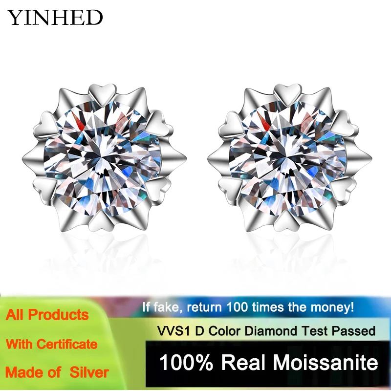 

YINHED 100% Sterling Silver S925 Earrings Female Snowflake Heart-shaped Six-claw 0.5CT/1.0CT/2.0CT Moissanite Stud Earrings