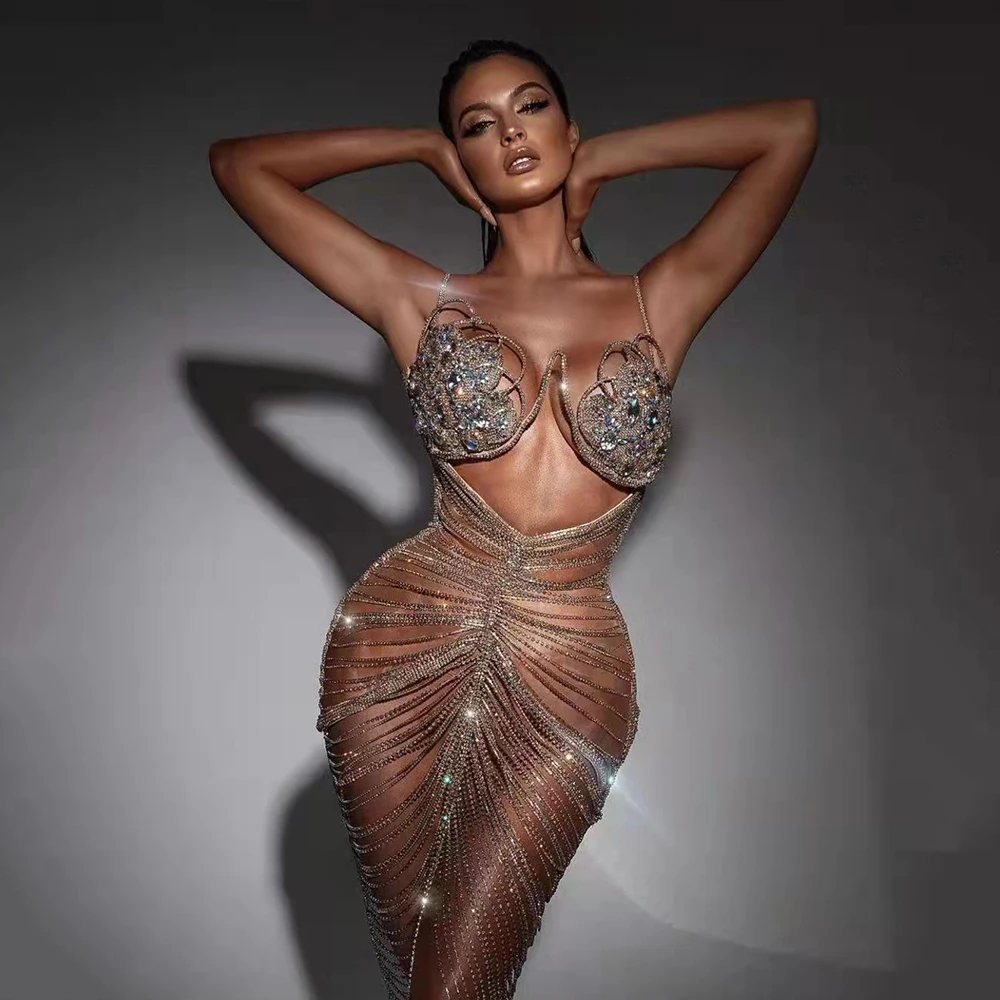 

2022 New Crystal Beaded Tassel Party Dress Female Floor Rhinestone Hollow Out Prom Wedding Dress Singer Stage Dress