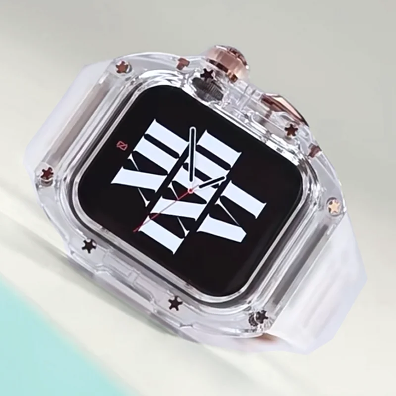 Transparent Mod Kit Case For Apple Watch 49mm 45MM 44MM Fluororubber Band For iWatch Series Ultra 8 7 6 5 4 SE Silicone Strap