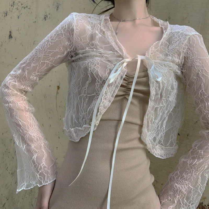Женский кружевной кардиган с V-образным вырезом на бретелях | Женская одежда
