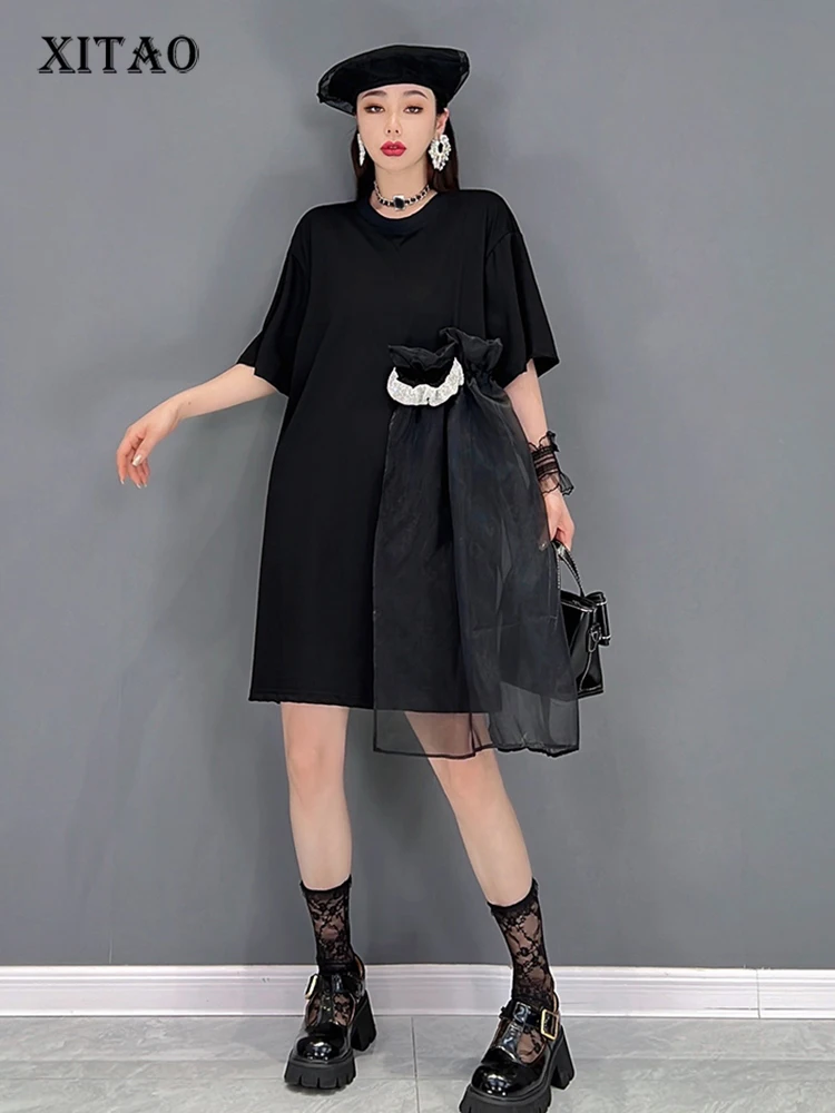 

XITAO Solid Irregular Dress Women Korea 2022 Summer New Arrival Personality Fashion Loose O-neck Short Sleeve Dress WLD8046