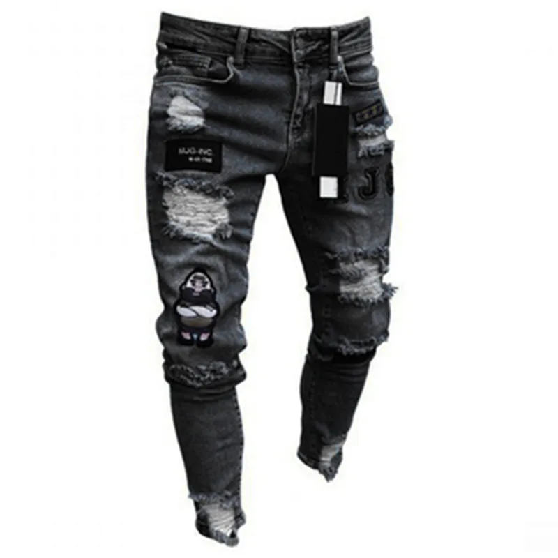 

Джинсы мужские Стрейчевые с вышивкой, рваные зауженные байкерские джинсы с мультяшным принтом, с дырками, черные, в стиле хип-хоп