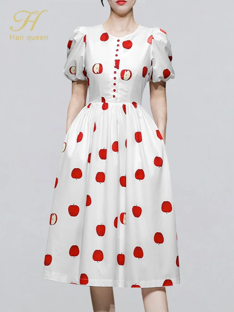 

H Han Queen Women's Simple Print Vintage Dresses Lantern Sleeve A-Line Office Dress Elegant Slim Mid-Calf Party Casual Vestidos