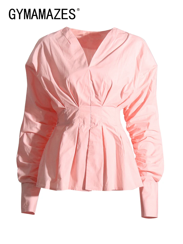 

Женская Облегающая рубашка GYMAMAZES, однотонная Повседневная Блузка с V-образным вырезом и длинным рукавом, с рюшами, в стиле пэчворк, осень 2022