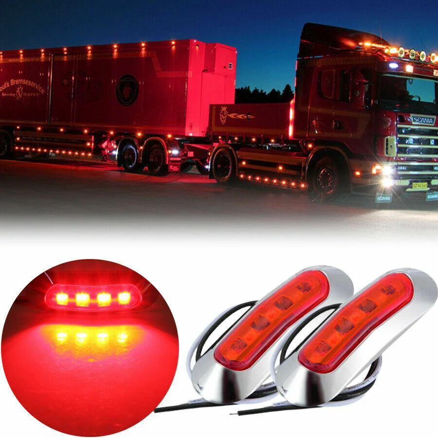 

2X 3.5" Red Side Marker Clearance Lights 4 LED w/Chrome Bezel For Freightliner Kenworth International Harvester Truck