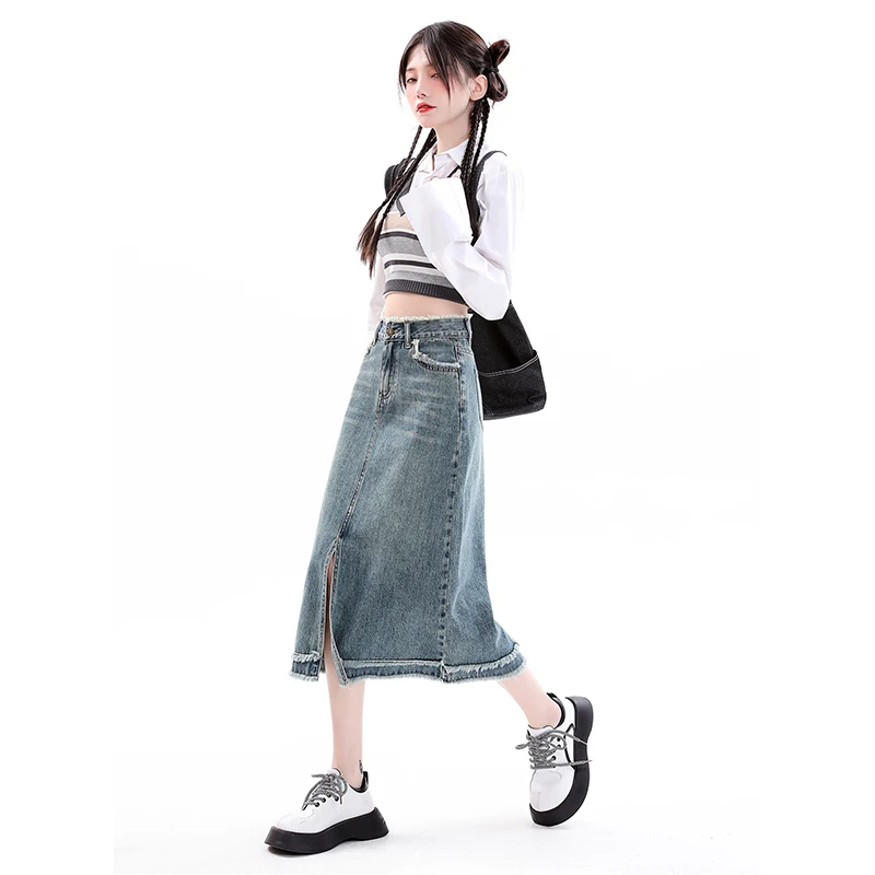 Real time shoot of denim skirt for women in summer retro blue commuting versatile fashion high waistband buttocks a short skirt