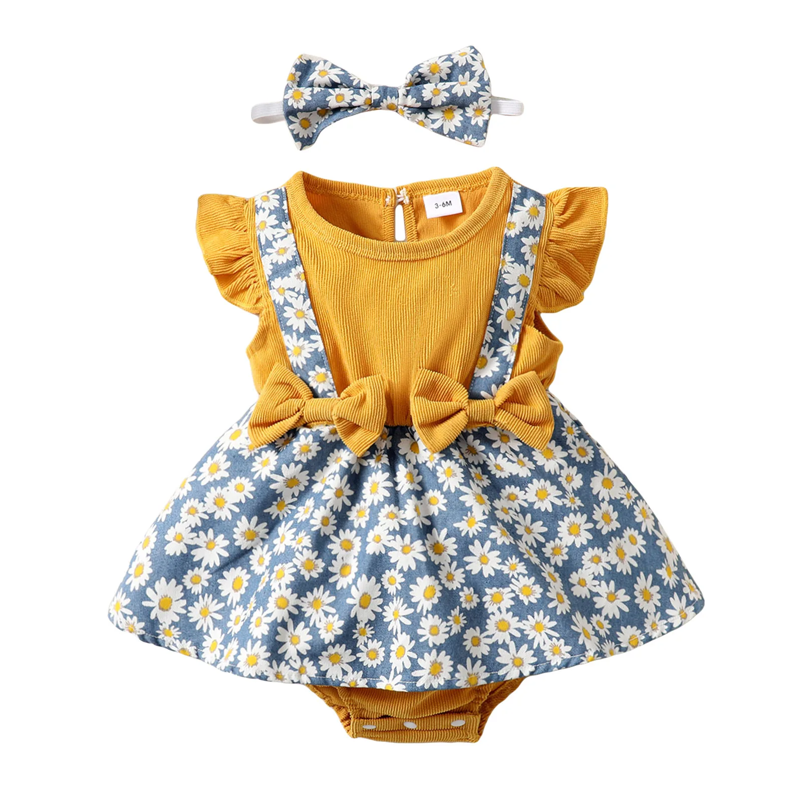 

Toddler Baby Girls Romper Dress Daisy Print Bow Summer Casual Fly Sleeve Newborn Jumpsuit